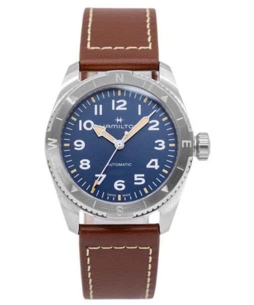 Montre pour homme Hamilton Khaki Field Expedition avec bracelet en cuir et cadran bleu automatique H70225540 100M