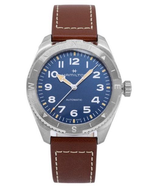 Montre pour homme Hamilton Khaki Field Expedition avec bracelet en cuir et cadran bleu automatique H70315540 100M