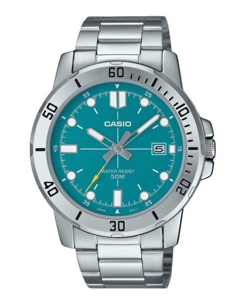 Montre Casio Standard analogique en acier inoxydable avec cadran bleu turquoise et quartz MTP-VD01D-3E2V pour homme