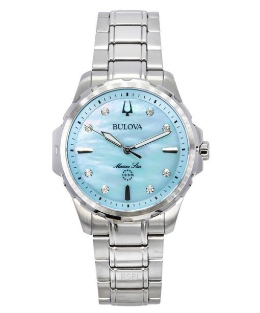 Montre pour femme Bulova Marine Star avec accents de diamants en acier inoxydable et cadran en nacre bleue 96P248 100