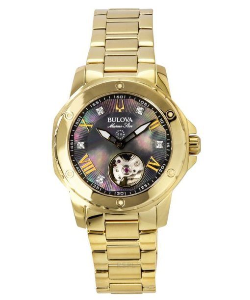 Montre pour femme Bulova Marine Star en acier inoxydable doré avec cadran en nacre noire automatique 97P171 100M