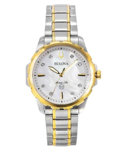 Montre pour femme Bulova Marine Star en acier inoxydable bicolore avec accents de diamants et cadran en nacre 98P227 100M à quar