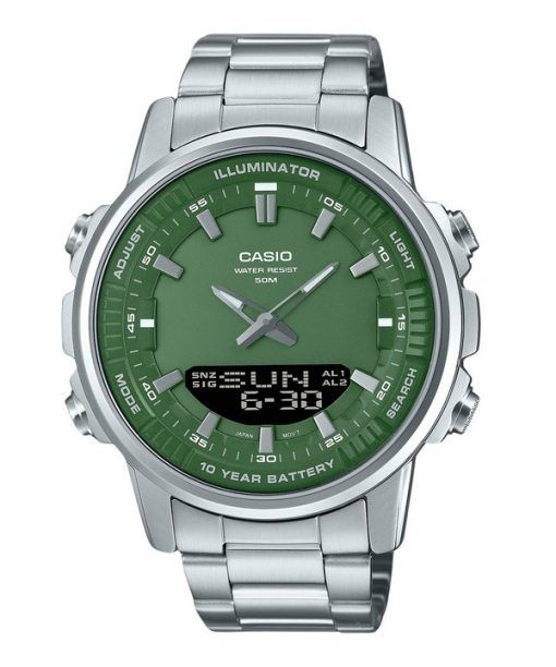 Montre analogique numérique Casio en acier inoxydable avec cadran vert et quartz AMW-880D-3AV pour homme