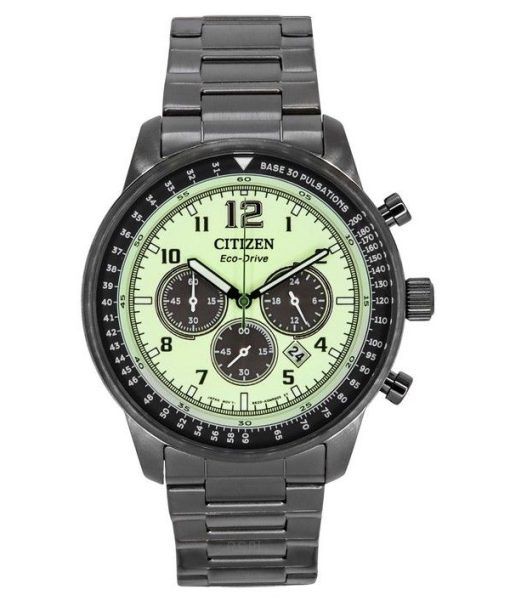 Montre pour homme Citizen Eco-Drive Chronographe Gris Ion en acier inoxydable Cadran vert entià¨rement lumineux CA4507-84X 100M