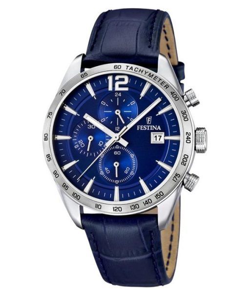 Montre chronographe Festina Timeless pour homme avec bracelet en cuir et cadran bleu à quartz F16760-3