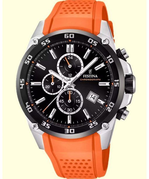 Montre chronographe Festina The Originals pour homme avec bracelet en caoutchouc orange et cadran noir, quartz F20330-4, 100 m