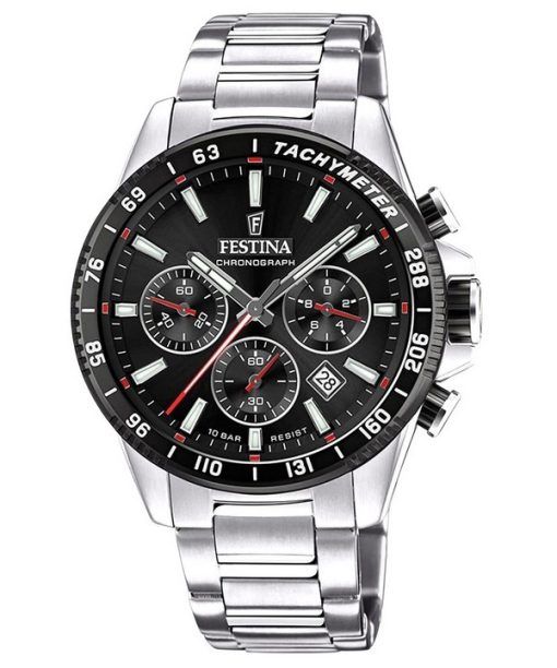 Montre chronographe Festina Timeless en acier inoxydable avec cadran noir et quartz F20560-6 100M pour homme