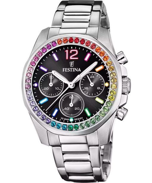 Montre Festina Rainbow Chronograph Accents Cristal Acier Inoxydable Cadran Noir Quartz F20606-3 100M Femme