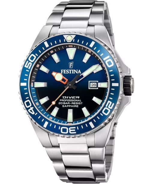 Montre de plongée à quartz Festina The Originals en acier inoxydable avec cadran bleu F20663-1 200 m pour homme