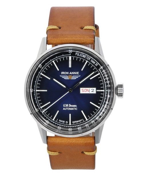 Montre pour homme Iron Annie G38 Dessau avec bracelet en cuir et cadran bleu automatique 53663 100M