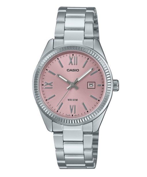 Montre analogique Casio Standard en acier inoxydable avec cadran rose et quartz LTP-1302DD-4A1V pour femme