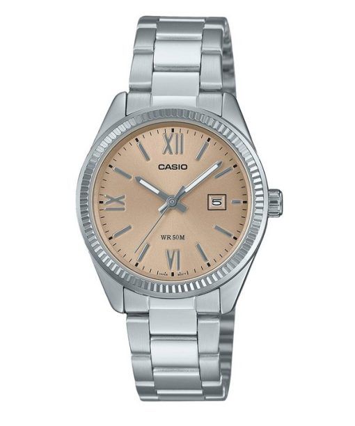 Montre analogique Casio Standard en acier inoxydable avec cadran pêche et quartz LTP-1302DD-4A2V pour femme