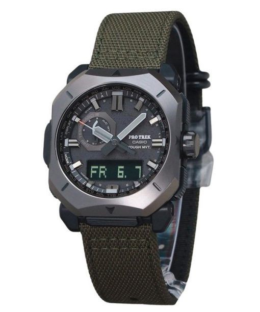 Montre pour homme Casio ProTrek analogique numérique vert Cordura bracelet en tissu cadran gris robuste solaire PRW-6900YB-3 100