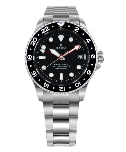 Montre pour homme Ratio FreeDiver GMT Series en acier inoxydable saphir avec cadran noir automatique RTF051 200M