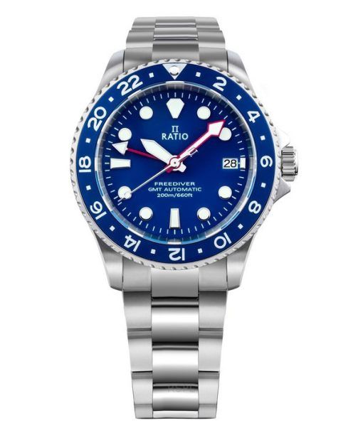 Montre pour homme Ratio FreeDiver GMT Series en acier inoxydable saphir avec cadran bleu automatique RTF053 200M