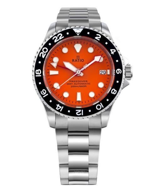 Montre pour homme Ratio FreeDiver GMT Series en acier inoxydable saphir avec cadran orange automatique RTF055 200M