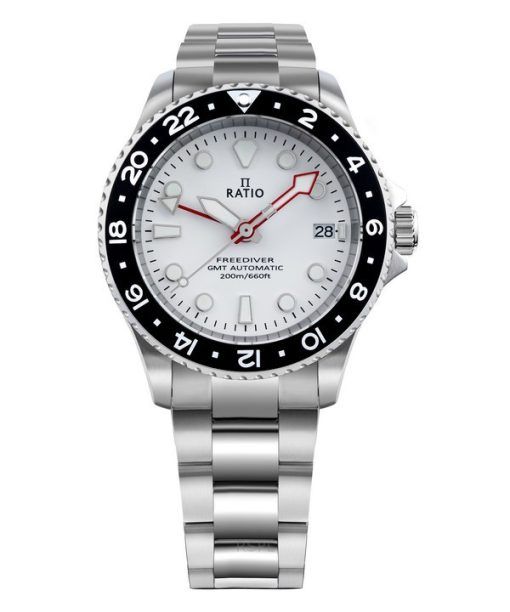 Montre pour homme Ratio FreeDiver GMT Series en acier inoxydable saphir avec cadran blanc automatique RTF057 200M