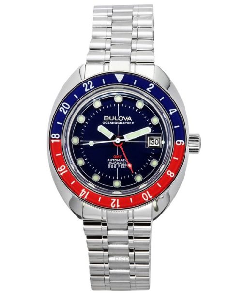 Montre de plongée automatique Bulova Oceanographer GMT en acier inoxydable avec cadran bleu 96B405 200M pour homme