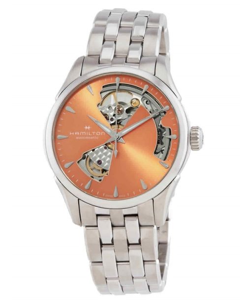 Montre Hamilton Jazzmaster en acier inoxydable avec cadran ouvert en forme de cœur et abricot pour femme H32215100