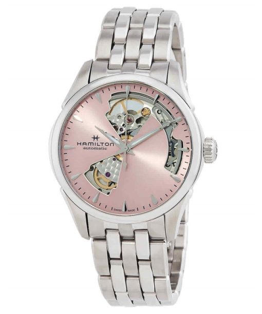 Montre Hamilton Jazzmaster en acier inoxydable avec cadran en forme de cœur ouvert rose automatique H32215170 pour femme