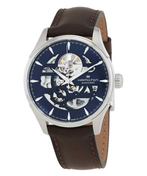 Montre Homme Hamilton Jazzmaster Skeleton Bracelet Cuir Cadran Bleu Automatique H42535541