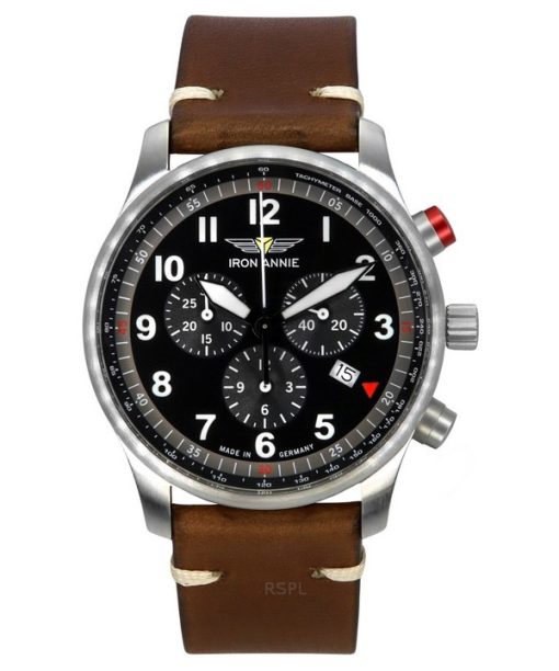 Montre chronographe Iron Annie F13 Tempelhof pour homme avec bracelet en cuir marron et cadran noir à quartz 56882