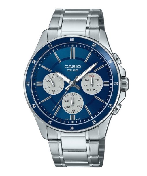 Montre analogique Casio Standard en acier inoxydable plaqué ionique avec cadran bleu et quartz MTP-1374D-2A3V pour homme