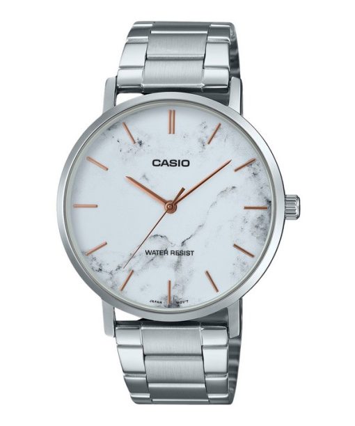 Montre analogique Casio Standard en acier inoxydable avec cadran blanc inspiré du marbre pour homme MTP-VT01DM-7A