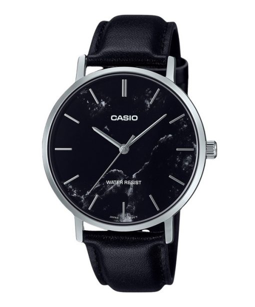 Montre analogique Casio Standard pour homme avec bracelet en cuir noir et cadran noir inspiré du marbre MTP-VT01LM-1A