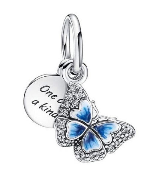 Charm double pendentif Pandora avec papillon bleu et citation 790757C01 pour femme