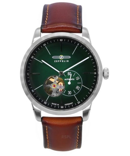 Montre automatique pour homme Zeppelin Flatline avec bracelet en cuir et cadran vert à cœur ouvert 83644