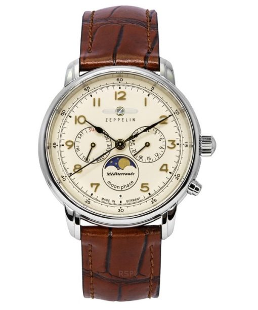 Montre Homme Zeppelin Mediterranean Moon Phase Bracelet Cuir Cadran Beige Quartz 96365