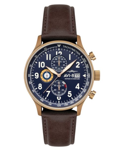 Montre chronographe classique Hawker Hurricane AVI-8 avec bracelet en cuir et cadran bleu amiral pour homme AV-4011-0O