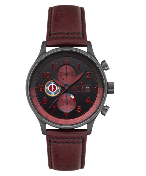 Montre chronographe classique Hawker Hurricane AVI-8 pour homme avec bracelet en cuir rouge sang et cadran noir à quartz AV-4011