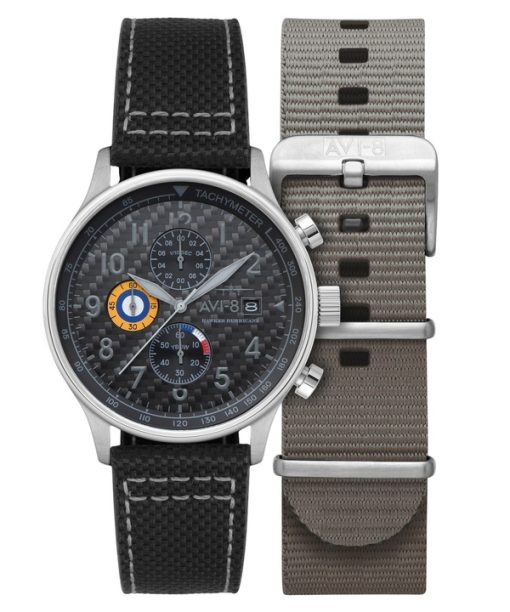 Montre chronographe classique AVI-8 Hawker Hurricane en fibre de carbone avec cadran noir et quartz AV-4011-0W pour homme avec b