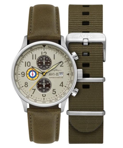 Montre chronographe classique AVI-8 Hawker Hurricane à quartz avec cadran kaki AV-4011-1B pour homme avec bracelet supplémentair