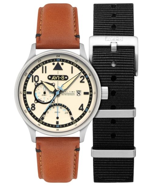 Montre à quartz pour homme AVI-8 Hawker Hurricane Mckellar Dual Time avec bracelet en cuir marron beige et cadran crème AV-4101-