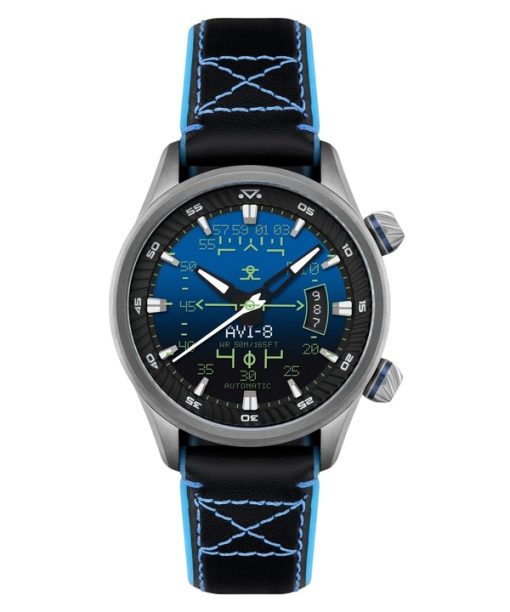 Montre automatique pour homme AVI-8 Hawker Harrier HUD avec bracelet en cuir et cadran bleu dégradé AV-4117-01