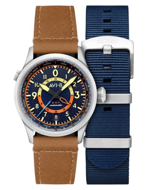 Montre automatique pour homme AVI-8 Flyboy Wingman Worldtimer GMT Atlantic Blue Dial AV-4120-01 avec bracelet supplémentaire