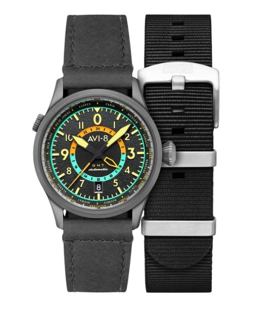 Montre automatique pour homme AVI-8 Flyboy Wingman Worldtimer GMT avec cadran gris tropical AV-4120-04 et bracelet supplémentair