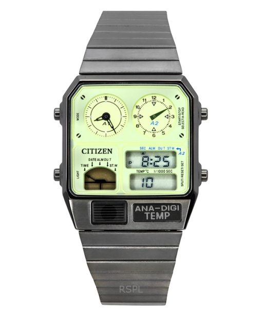 Montre homme Citizen analogique numérique à double fuseau horaire en acier inoxydable avec cadran vert et quartz JG2147-85X