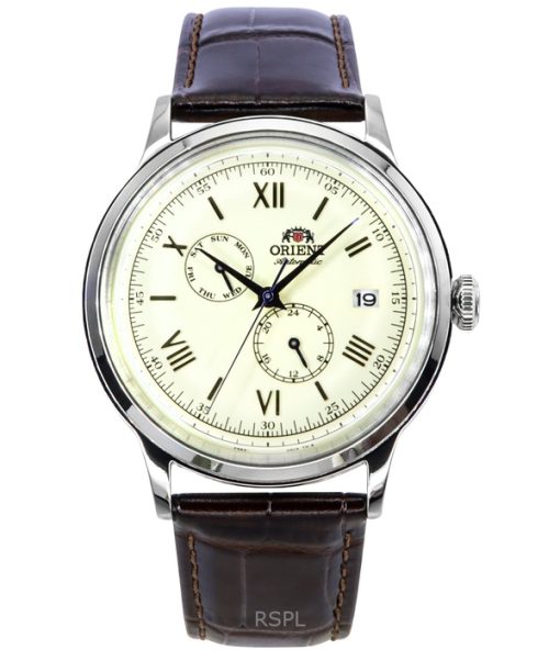 Montre automatique pour homme Orient Classic Bambino Version 8 avec bracelet en cuir et cadran beige RA-AK0702Y