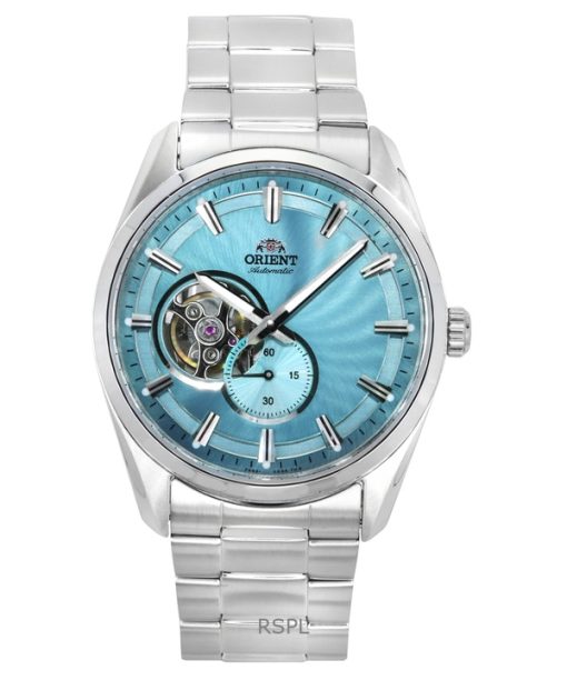 Montre automatique pour homme Orient Classic Contemporary en acier inoxydable avec cadran bleu clair en forme de cœur ouvert RA-