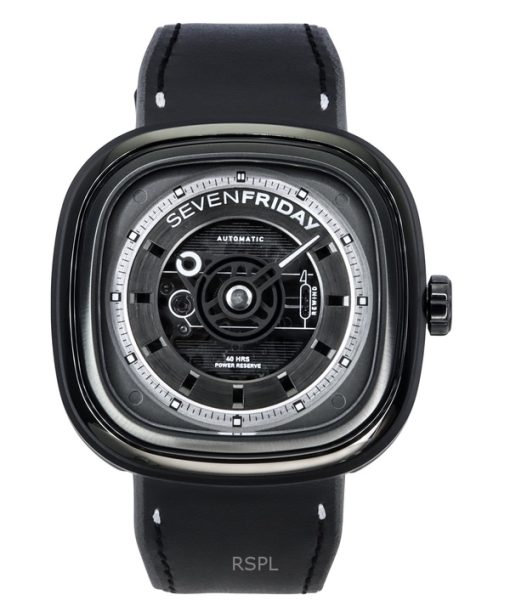 Montre homme Sevenfriday T-Series NFC avec bracelet en cuir et cadran squelette noir automatique T1/04 SF-T1-04