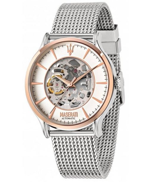 Montre homme Maserati Epoca Skeleton cadran blanc en acier inoxydable automatique R8823118004 remise à neuf