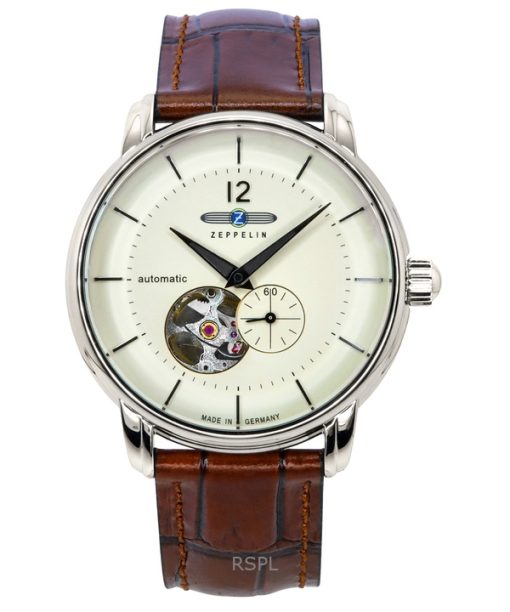 Montre automatique pour homme Zeppelin LZ-120 Bodensee avec bracelet en cuir beige et cadran en forme de cœur ouvert 81661