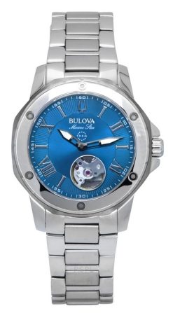 Montre Bulova Marine Star en acier inoxydable avec cadran bleu ouvert et bracelet automatique 98L317 100M pour femme