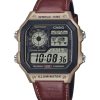 Montre à quartz Casio Standard Digital World Time avec bracelet en cuir AE-1200WHL-5AV 100M pour homme