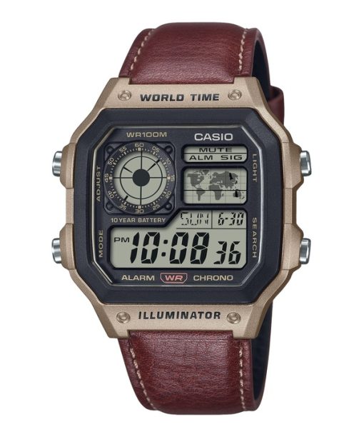 Montre à quartz Casio Standard Digital World Time avec bracelet en cuir AE-1200WHL-5AV 100M pour homme