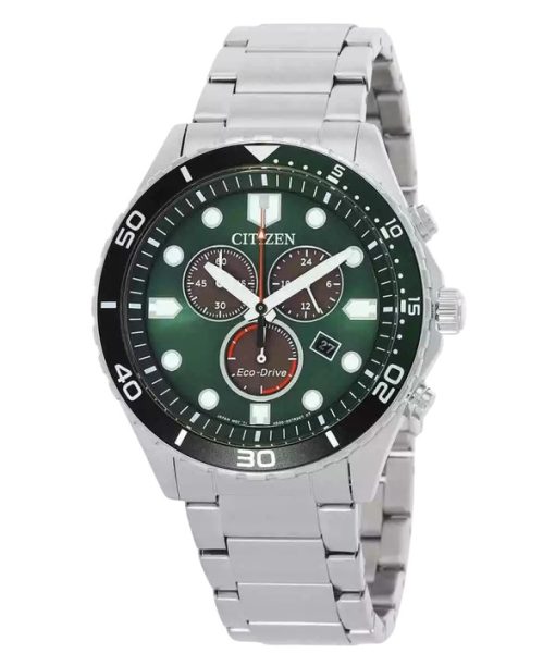 Montre homme Citizen Eco-Drive Chronograph GMT en acier inoxydable avec cadran vert AT2561-81X 100M